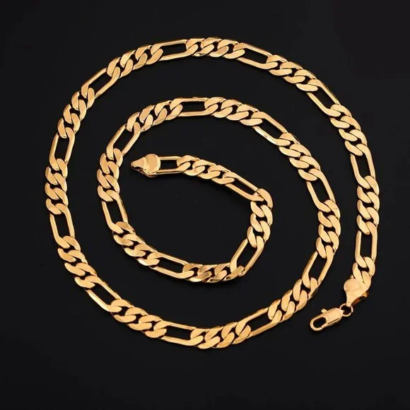 20 Inch Figaro Chain 8mm Wide 18K Yellow Gold - Picture 1 of 9